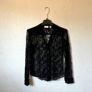 New York & Company Sheer Lace Button-Down Blouse Black Size XS